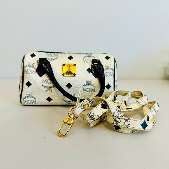 AUTHENTIC MCM CLASSIC MONOGRAM LOGO WHITE WITH NAVY TRIM MINI BOSTON BAG RARE